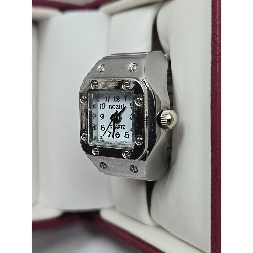 Bozhi Silver Tone Square Quartz Ring Watch Stretch Band Y2K Fashion New Battery